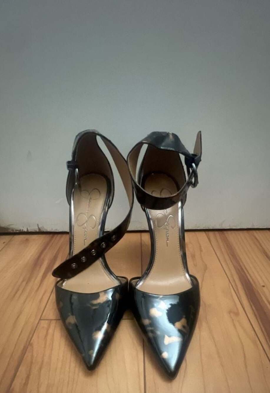 Jessica Simpson Tortoiseshell Patent Pointed Toe Ankle Strap Heels, 4in heel